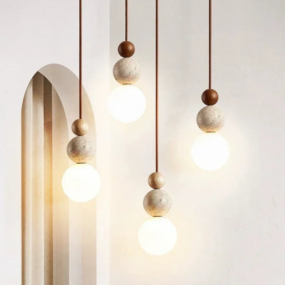 Bolvormige Hanglamp met Travertijn en Houten Details