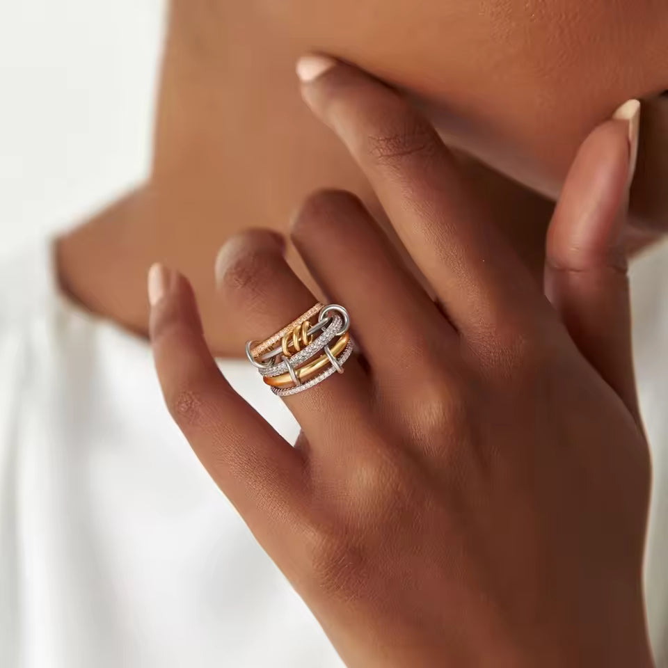 Dames Ring Gestapelde Look - Verguld Zilver met Zirkonia