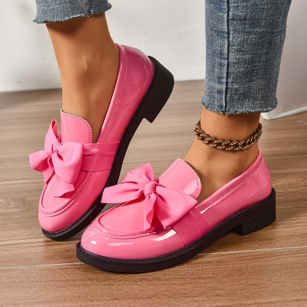 Dames Loafers Glanzend Leer met Strikdetail - Platform Instappers