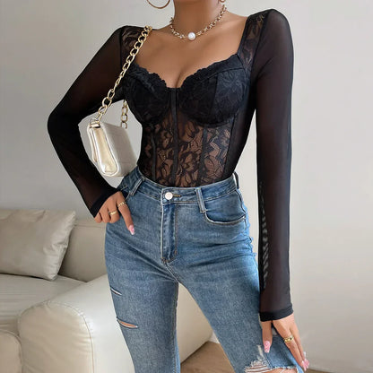 Livia – Verleidelijke Kant-en-Mesh Body met Lange Mouwen