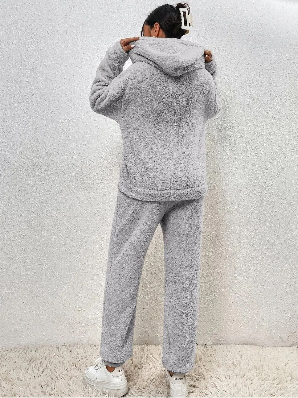 Dames Teddy Fleece Huispak met Capuchon – 2-delige Loungewear Set voor Winter en Herfst