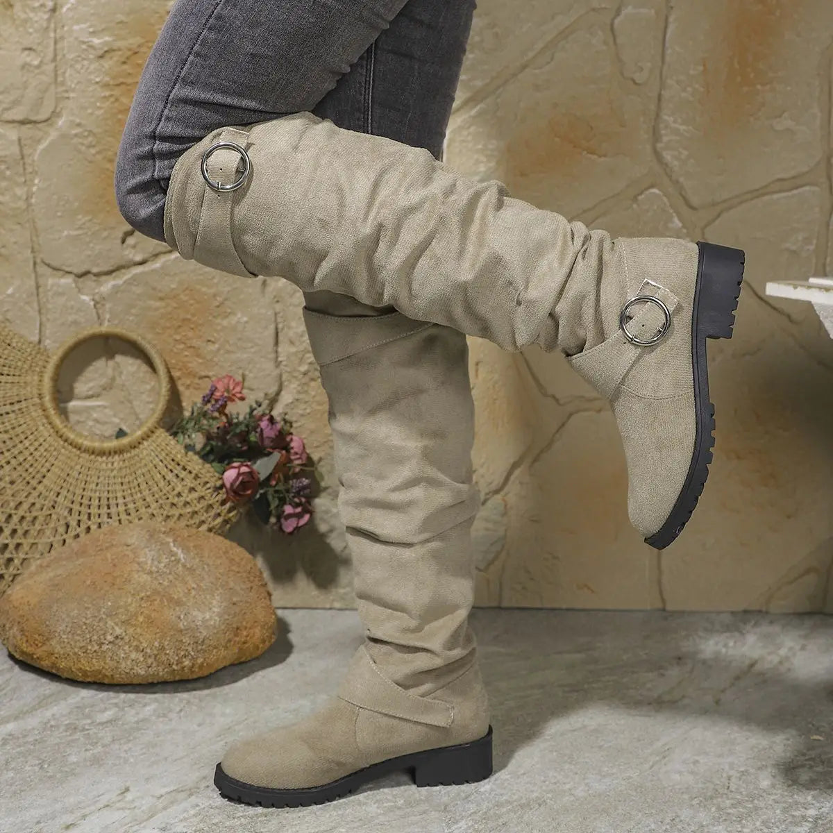Dames Knielaarzen Slouchy Fit met Gespdetails