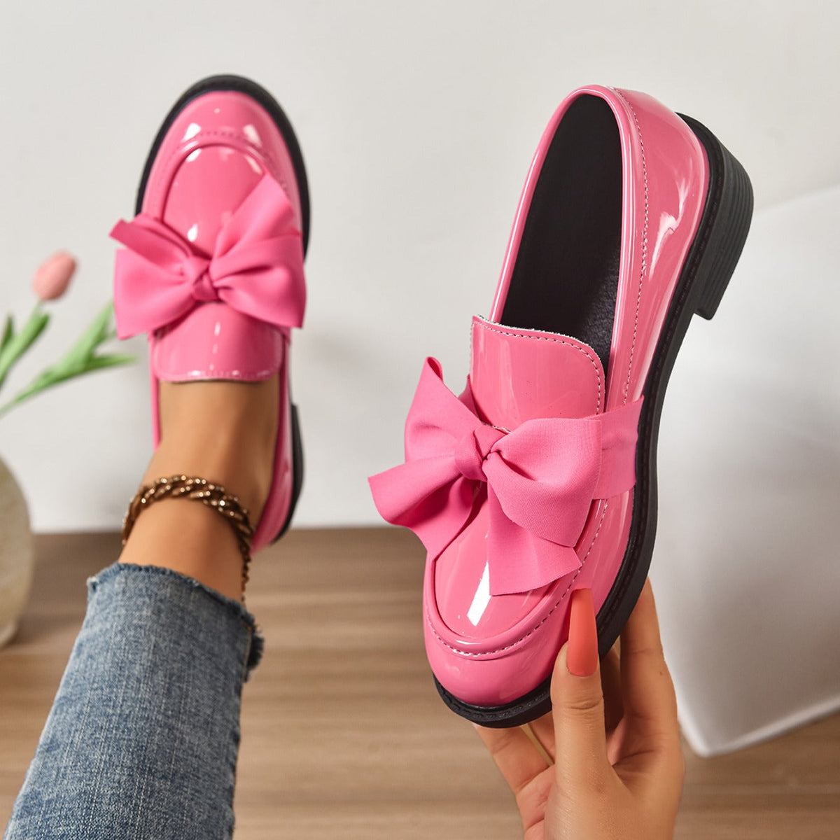 Dames Loafers Glanzend Leer met Strikdetail - Platform Instappers