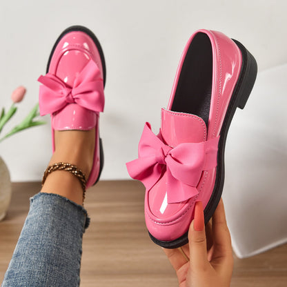 Dames Loafers Glanzend Leer met Strikdetail - Platform Instappers