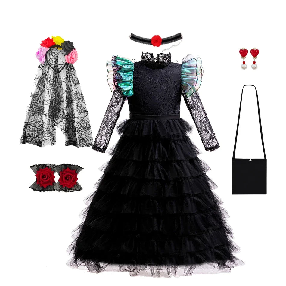 Girls emerald witch costume with veil, jewellery and bag bundle