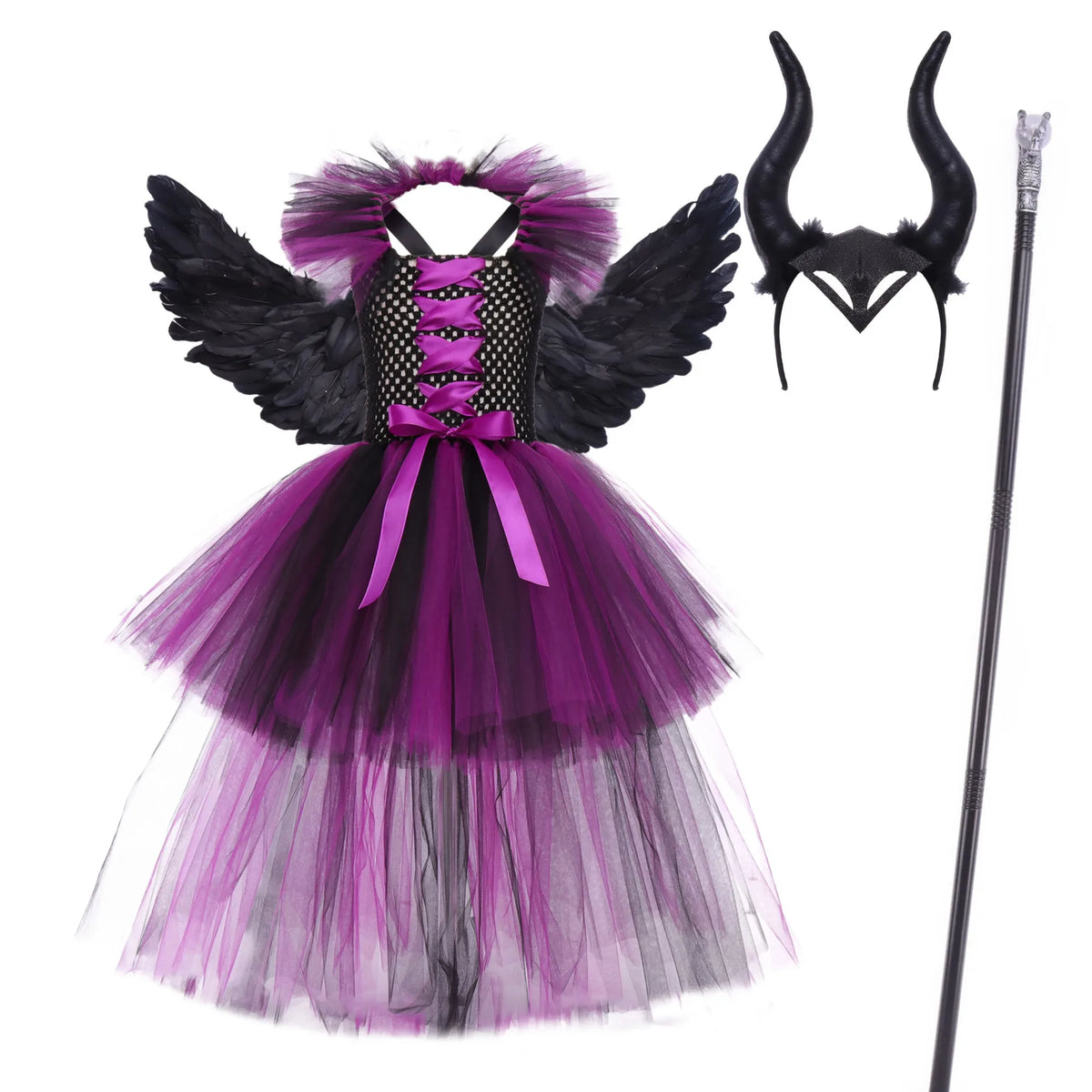 Dark fairy queen girls costume, dress with wings, horns and staff