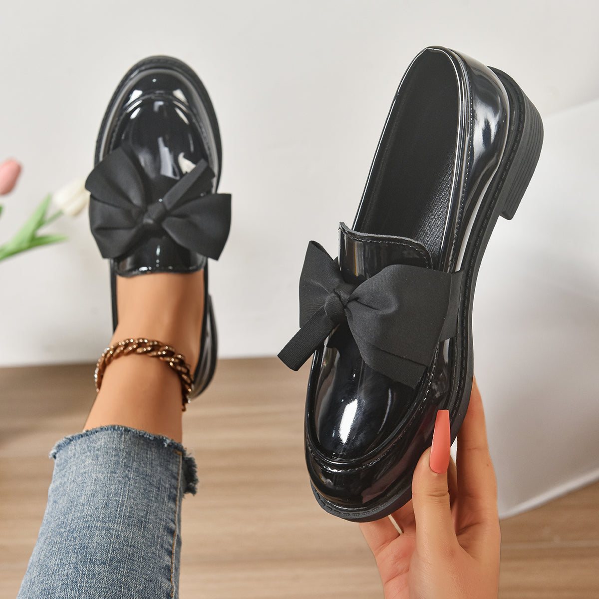 Dames Loafers Glanzend Leer met Strikdetail - Platform Instappers