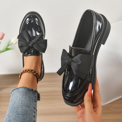 Dames Loafers Glanzend Leer met Strikdetail - Platform Instappers