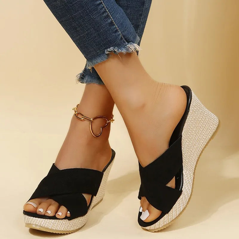 Dames Espadrille Sleehak Sandalen met Kruisbandjes