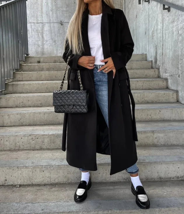 Dames Lange Lapej Jas – Effen, Casual voor Herfst en Winter