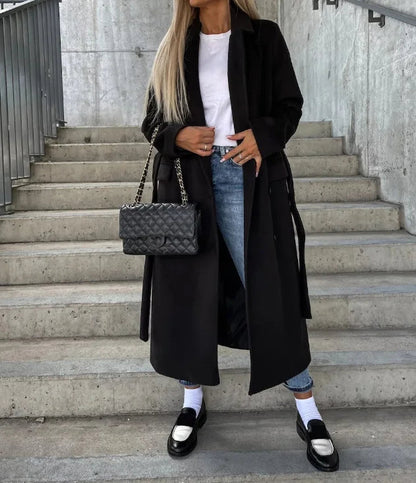 Dames Lange Lapej Jas – Effen, Casual voor Herfst en Winter