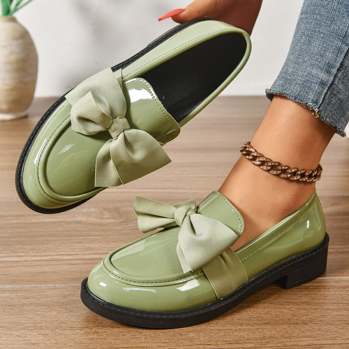 Dames Loafers Glanzend Leer met Strikdetail - Platform Instappers