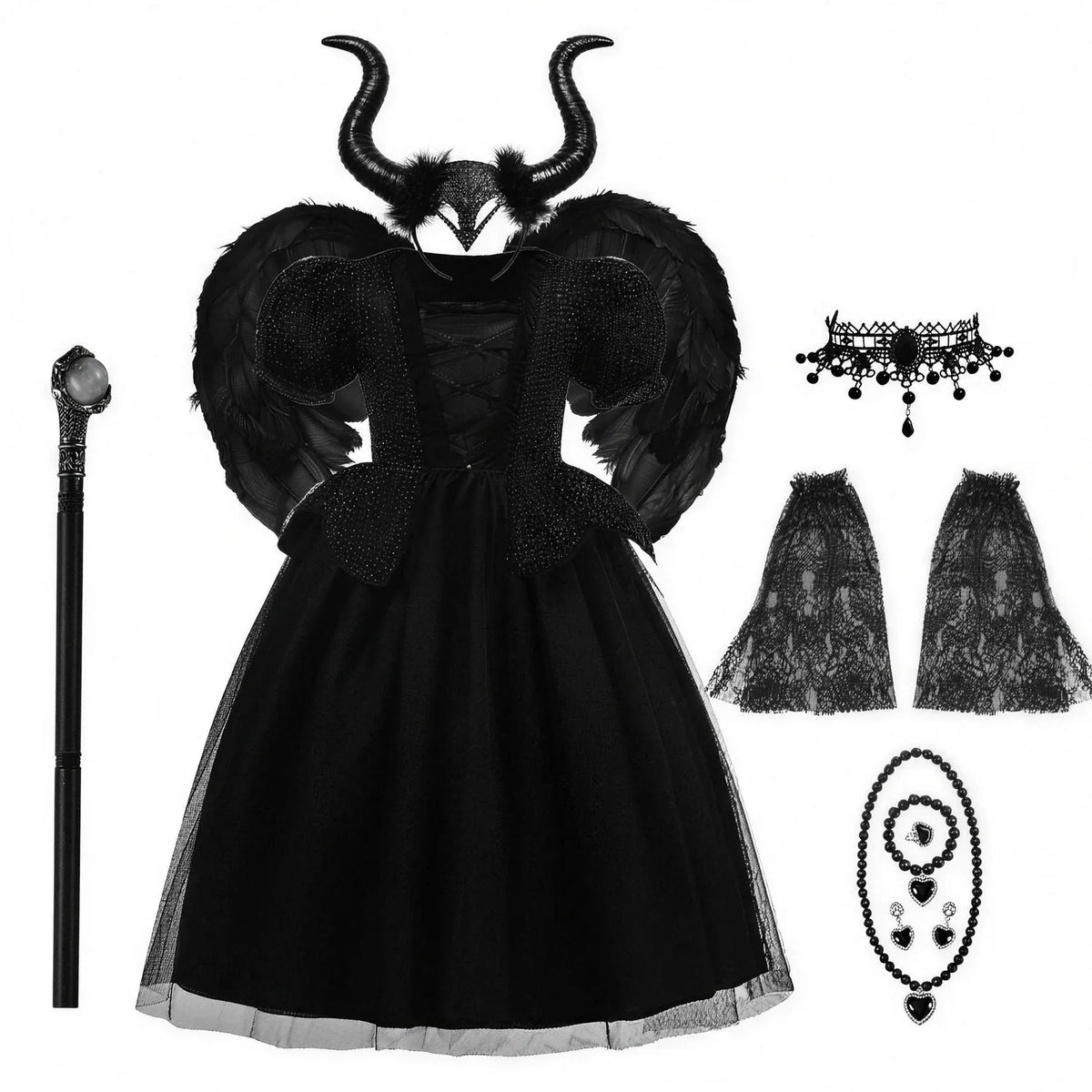 Maleficent full deluxe costume set with horns, wings, staff and jewellery