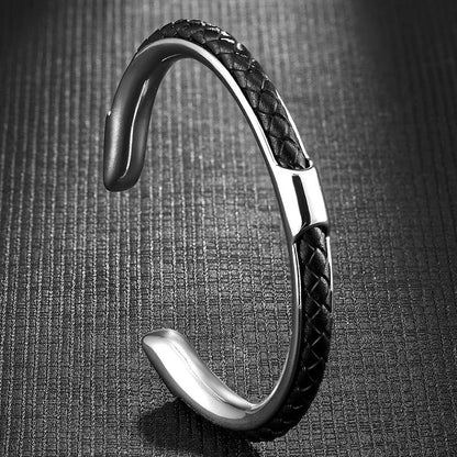 Heren Armband Leer en Roestvrij Staal – Gevlochten Manchet