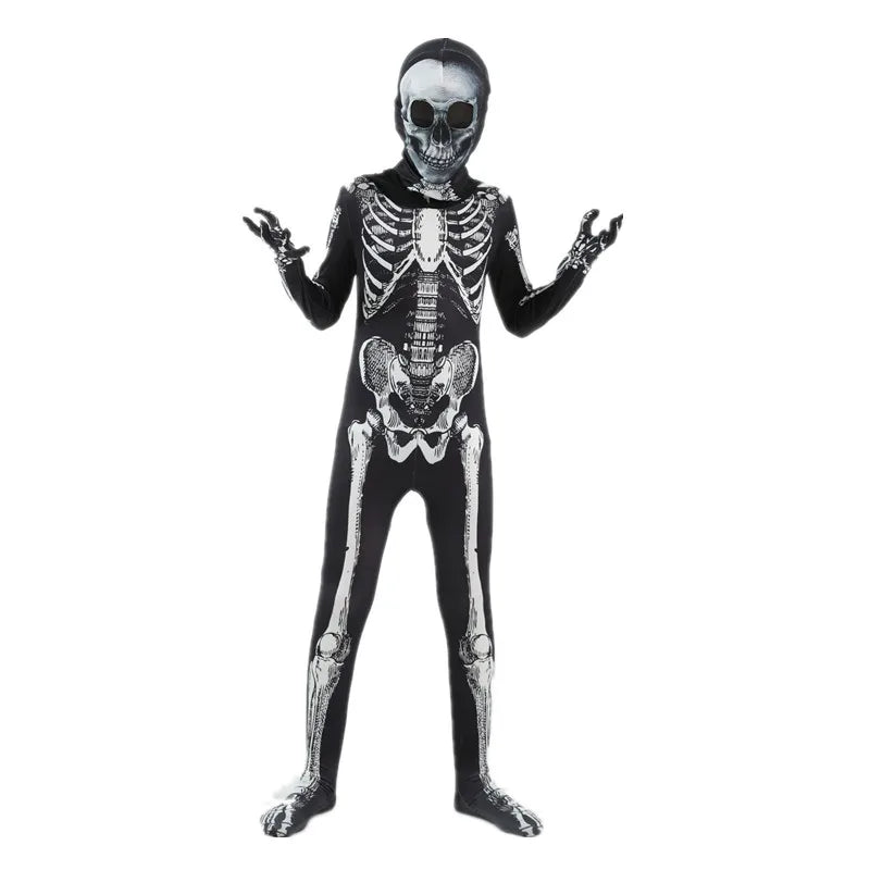 Kids skeleton costume front view with skull mask hood