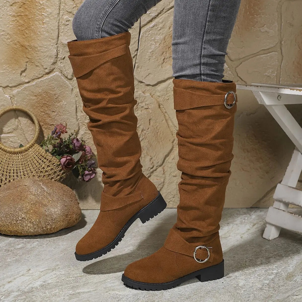 Dames Knielaarzen Slouchy Fit met Gespdetails