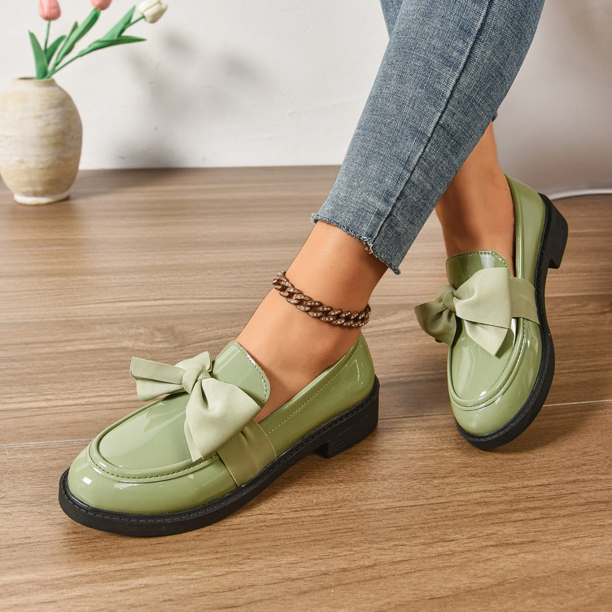 Dames Loafers Glanzend Leer met Strikdetail - Platform Instappers