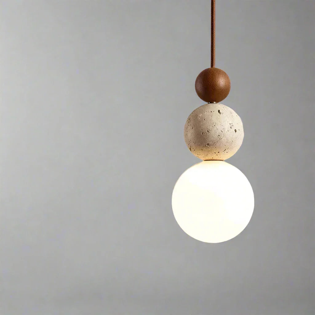 Bolvormige Hanglamp met Travertijn en Houten Details