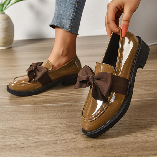 Dames Loafers Glanzend Leer met Strikdetail - Platform Instappers