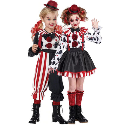 Two girls wearing clown costumes, skirt and pants styles