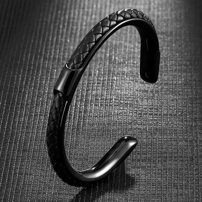 Heren Armband Leer en Roestvrij Staal – Gevlochten Manchet