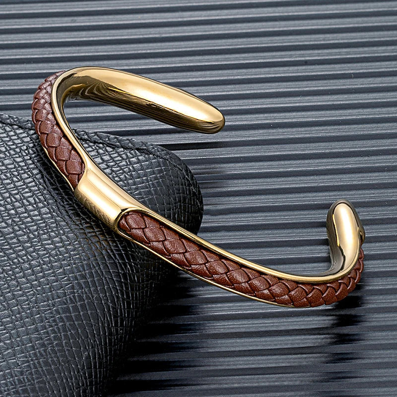 Heren Armband Leer en Roestvrij Staal – Gevlochten Manchet