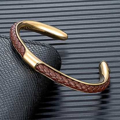 Heren Armband Leer en Roestvrij Staal – Gevlochten Manchet