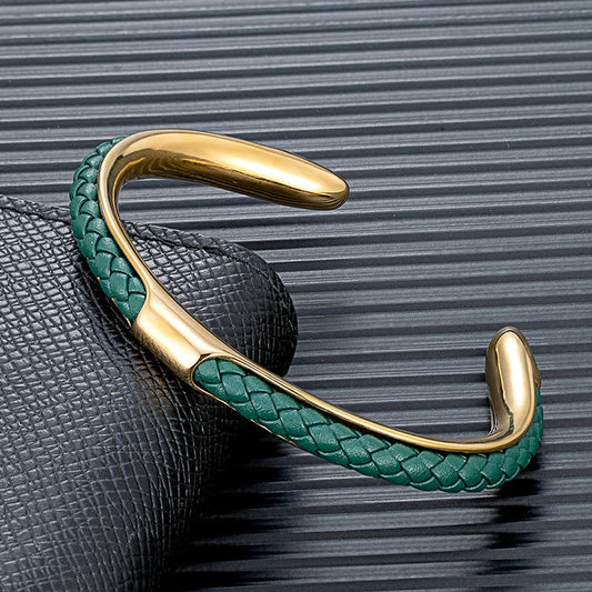 Heren Armband Leer en Roestvrij Staal – Gevlochten Manchet