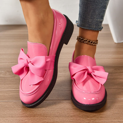 Dames Loafers Glanzend Leer met Strikdetail - Platform Instappers