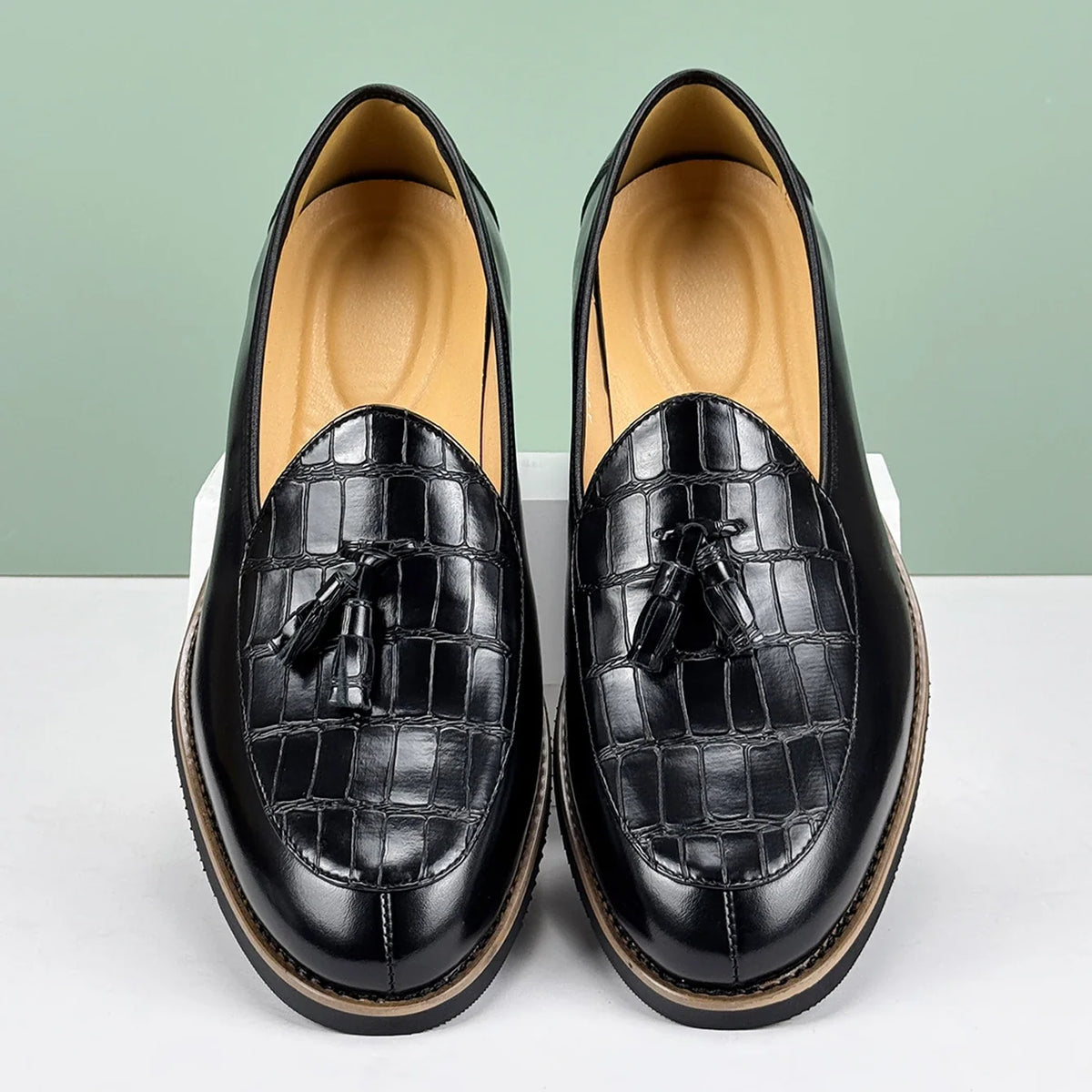 Heren Loafers met Kwastjes - Leren Instappers Croc-Print