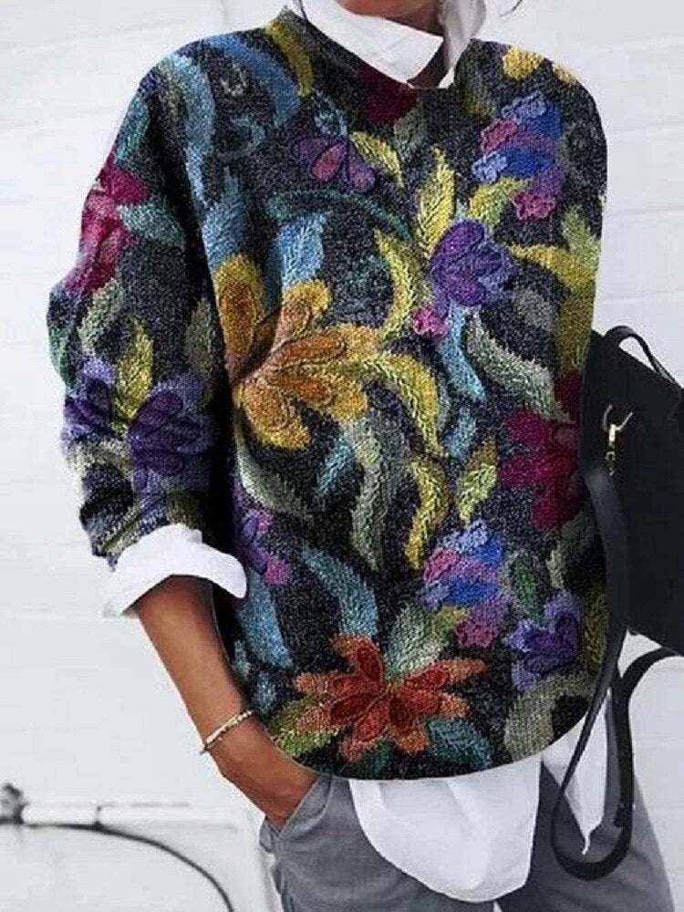 Dames Trui met Bloemenprint – Gebreide Pullover Fantasieprint