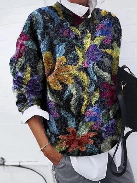 Dames Trui met Bloemenprint – Gebreide Pullover Fantasieprint