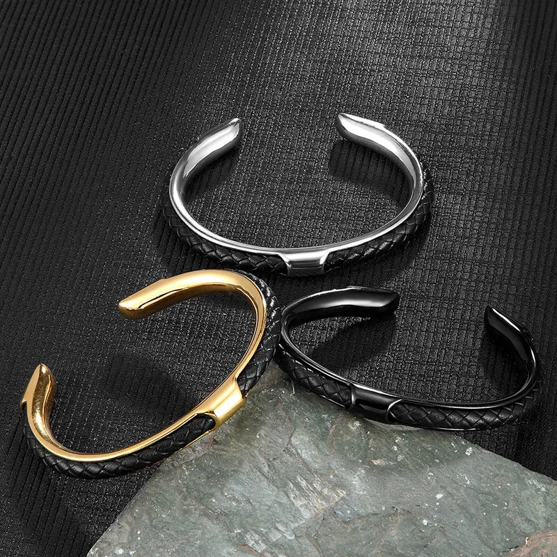 Heren Armband Leer en Roestvrij Staal – Gevlochten Manchet