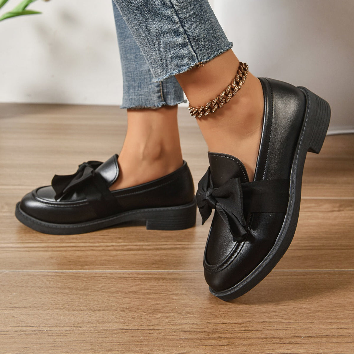 Dames Loafers Glanzend Leer met Strikdetail - Platform Instappers