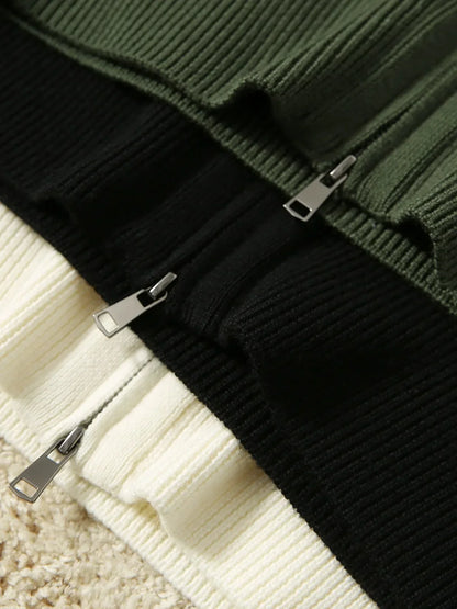 Wool zip-up cardigan for women by Christine Brewer, featuring a classic jean blue color and a cozy, stylish fit.