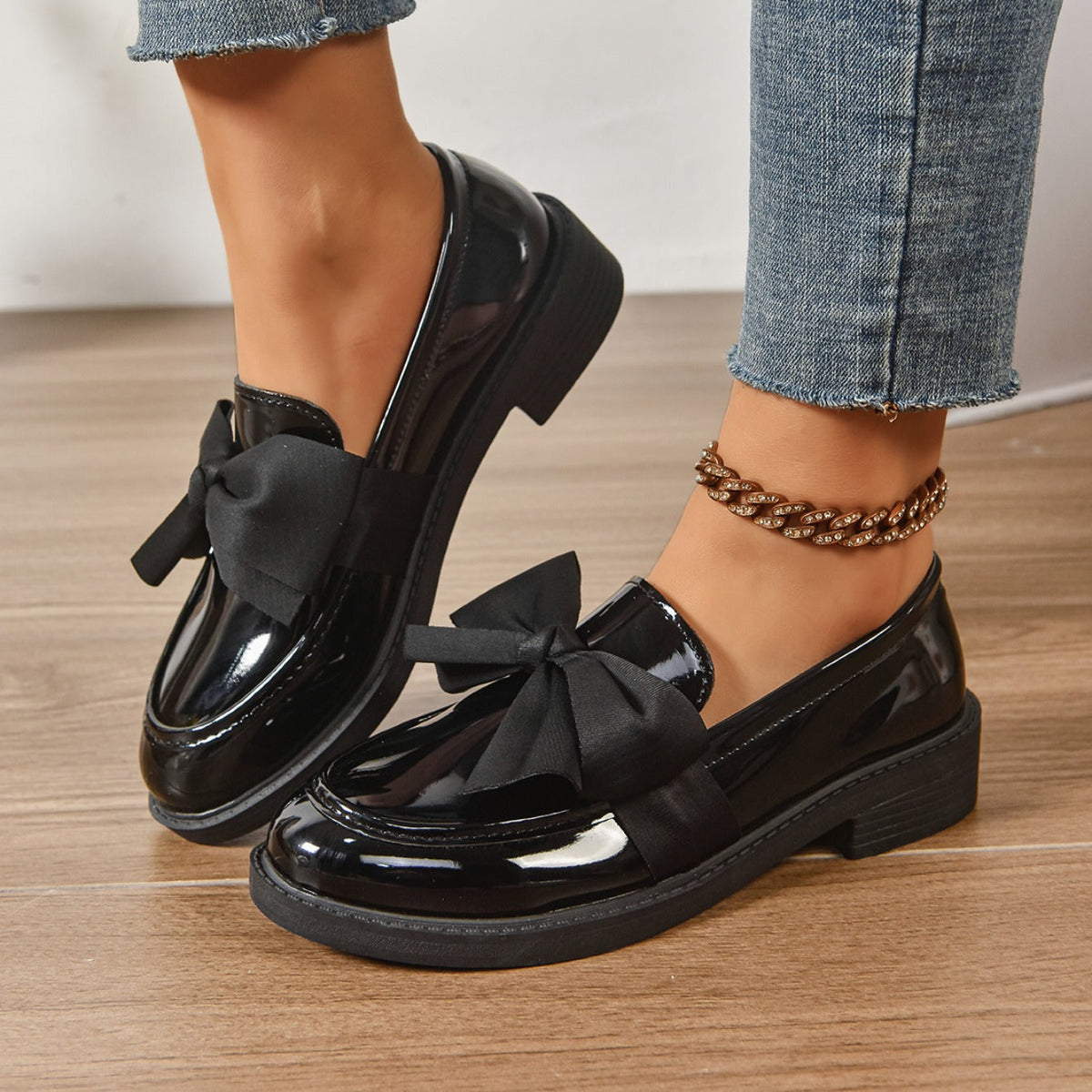 Dames Loafers Glanzend Leer met Strikdetail - Platform Instappers