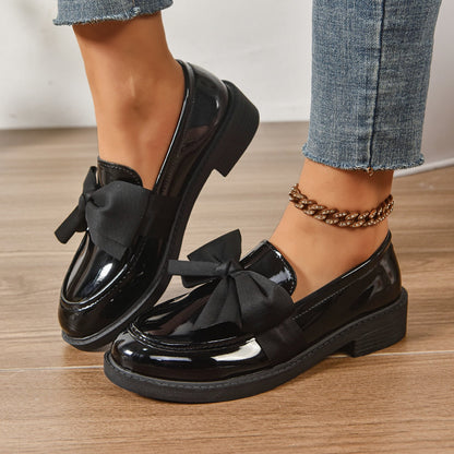 Dames Loafers Glanzend Leer met Strikdetail - Platform Instappers