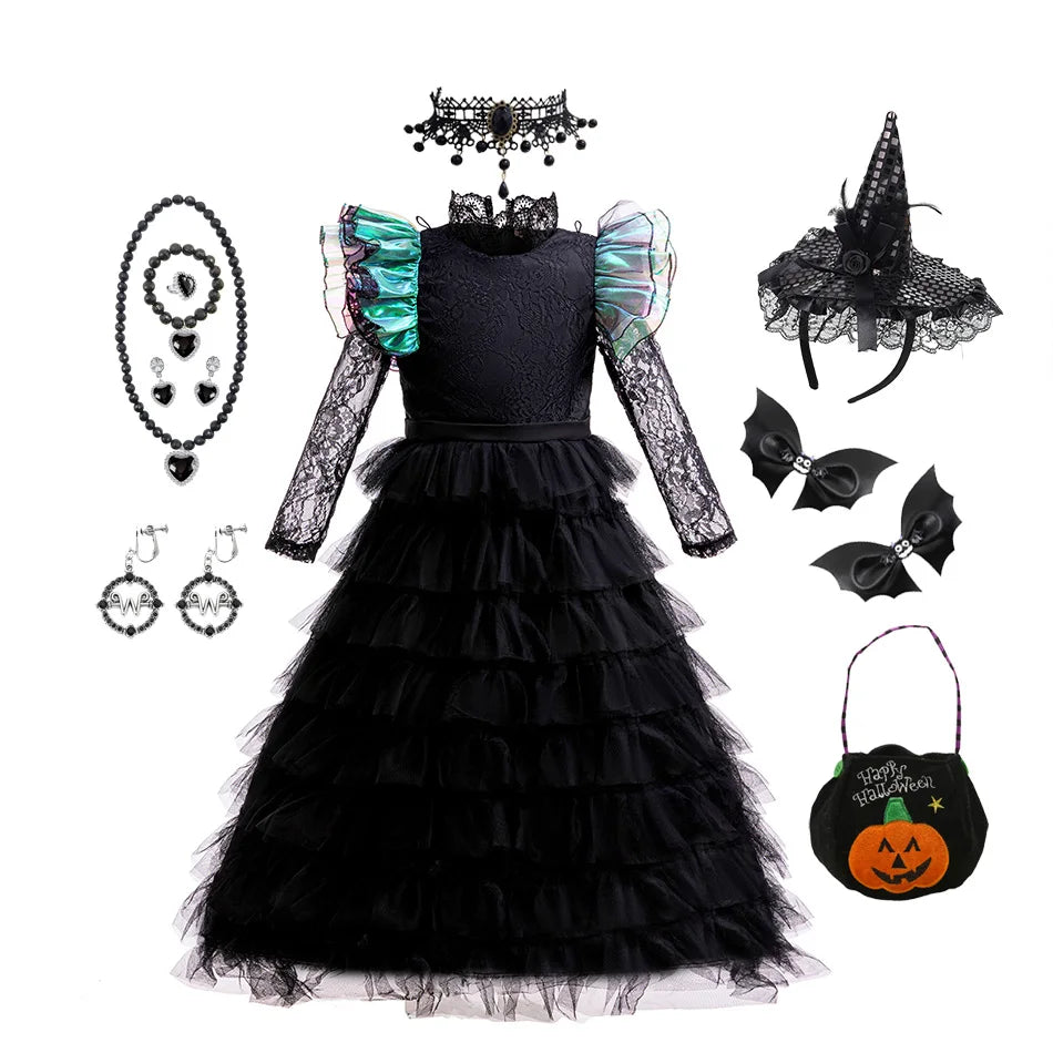 Girls emerald witch full deluxe costume set with jewellery, hat and bag