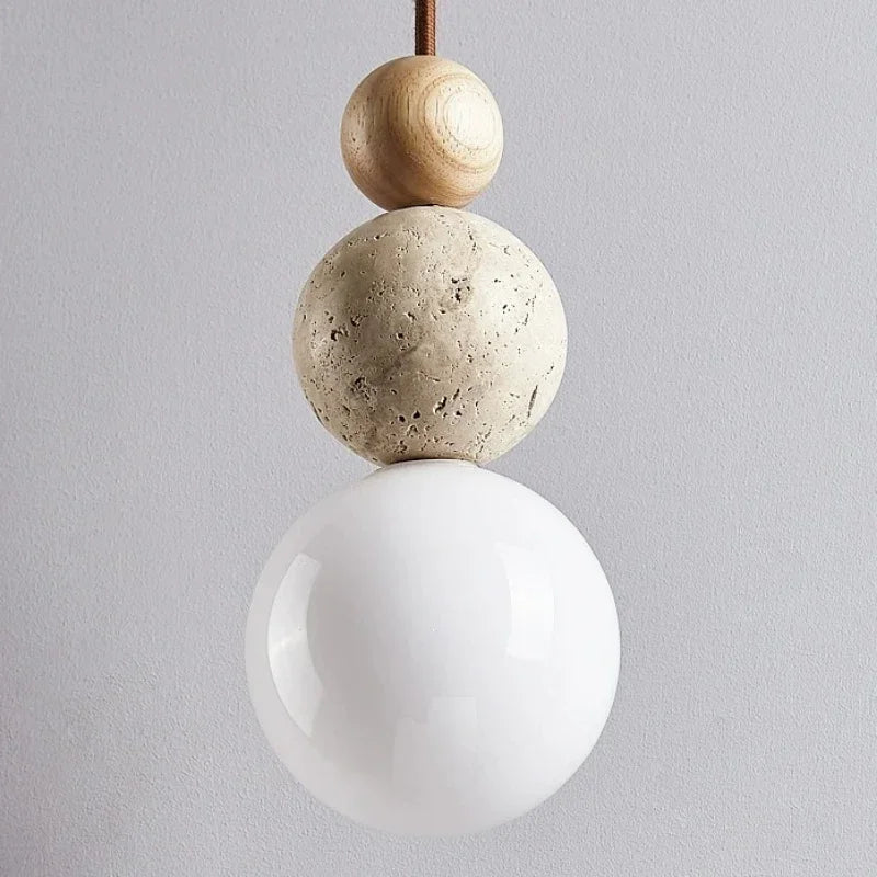 Bolvormige Hanglamp met Travertijn en Houten Details