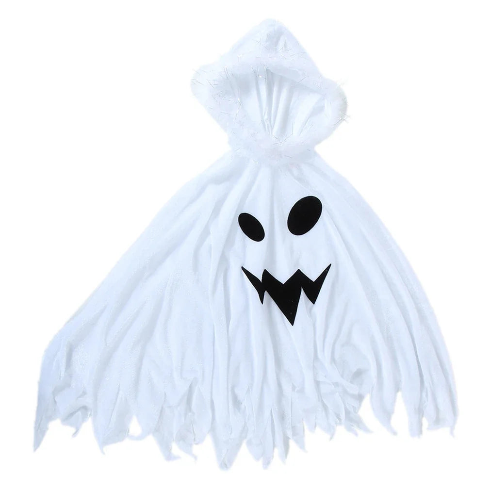 White ghost cape costume flat lay showing jagged hem and face print