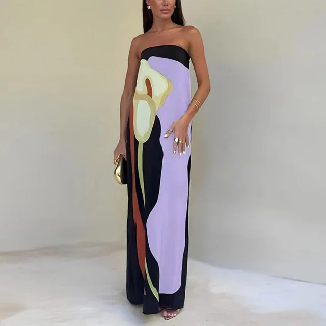 Dames Maxi Jurk Strapless met Kleurblok Print