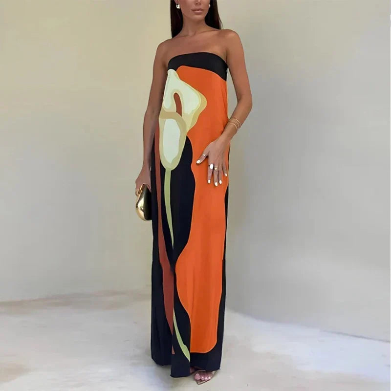 Dames Maxi Jurk Strapless met Kleurblok Print