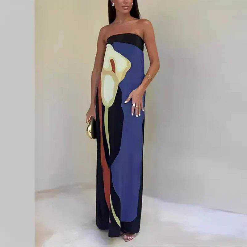 Dames Maxi Jurk Strapless met Kleurblok Print