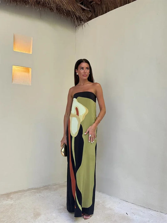 Dames Maxi Jurk Strapless met Kleurblok Print