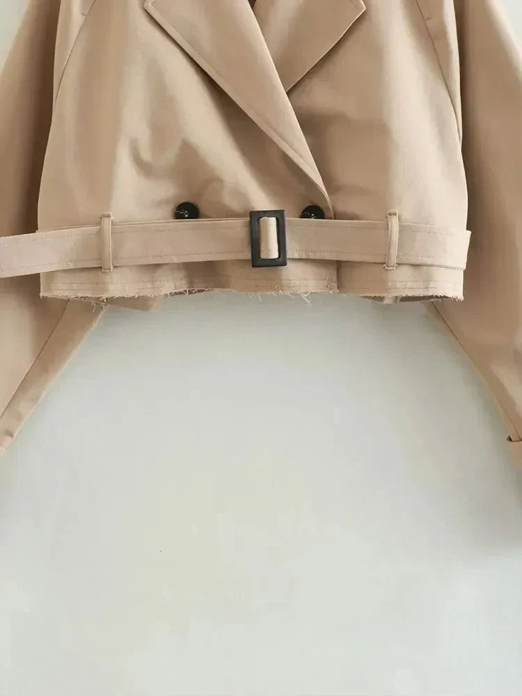 Dames Cropped Trenchcoat – Beige Katoen, Lichtgewicht Jasje voor Lente en Herfst