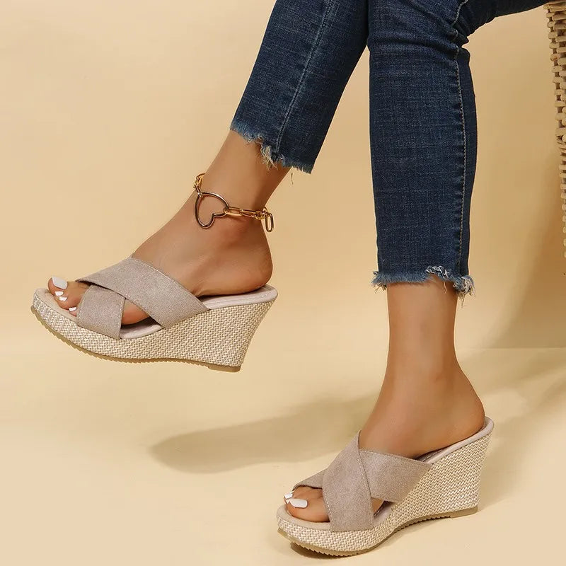 Dames Espadrille Sleehak Sandalen met Kruisbandjes