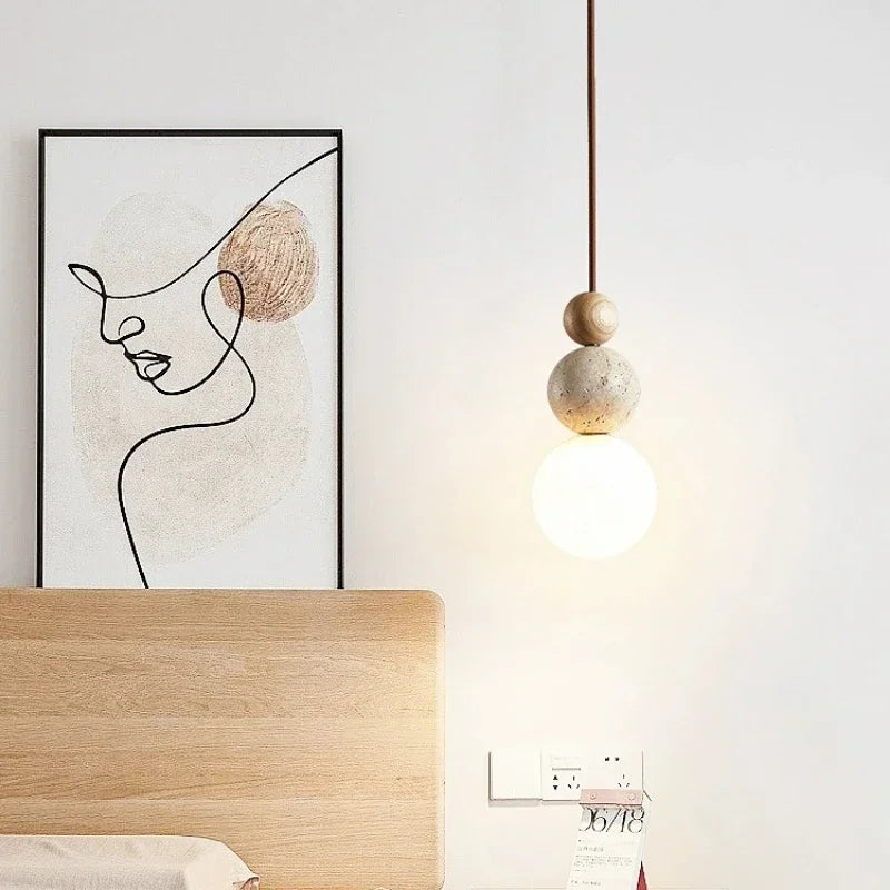 Bolvormige Hanglamp met Travertijn en Houten Details