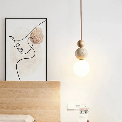 Bolvormige Hanglamp met Travertijn en Houten Details