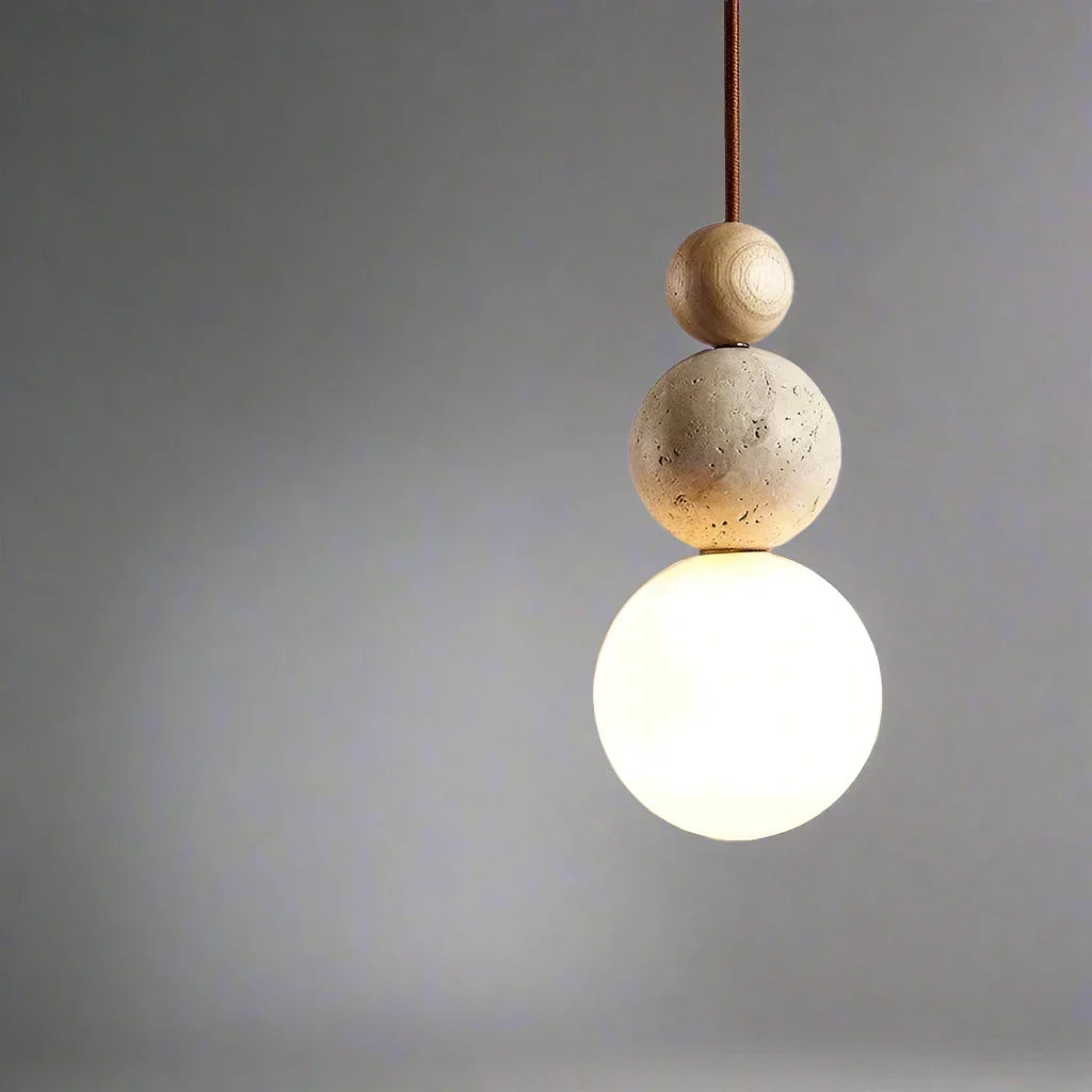 Bolvormige Hanglamp met Travertijn en Houten Details