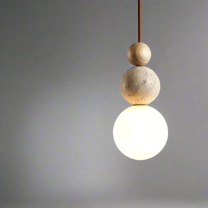 Bolvormige Hanglamp met Travertijn en Houten Details